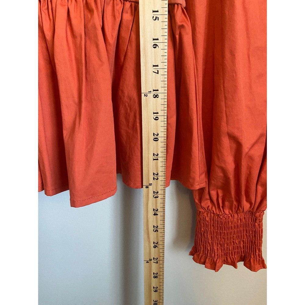 En Saison Coral Orange Mixed Media Peplum Top‎ Puff Sleeve V-Neck Small - Picture 4 of 8